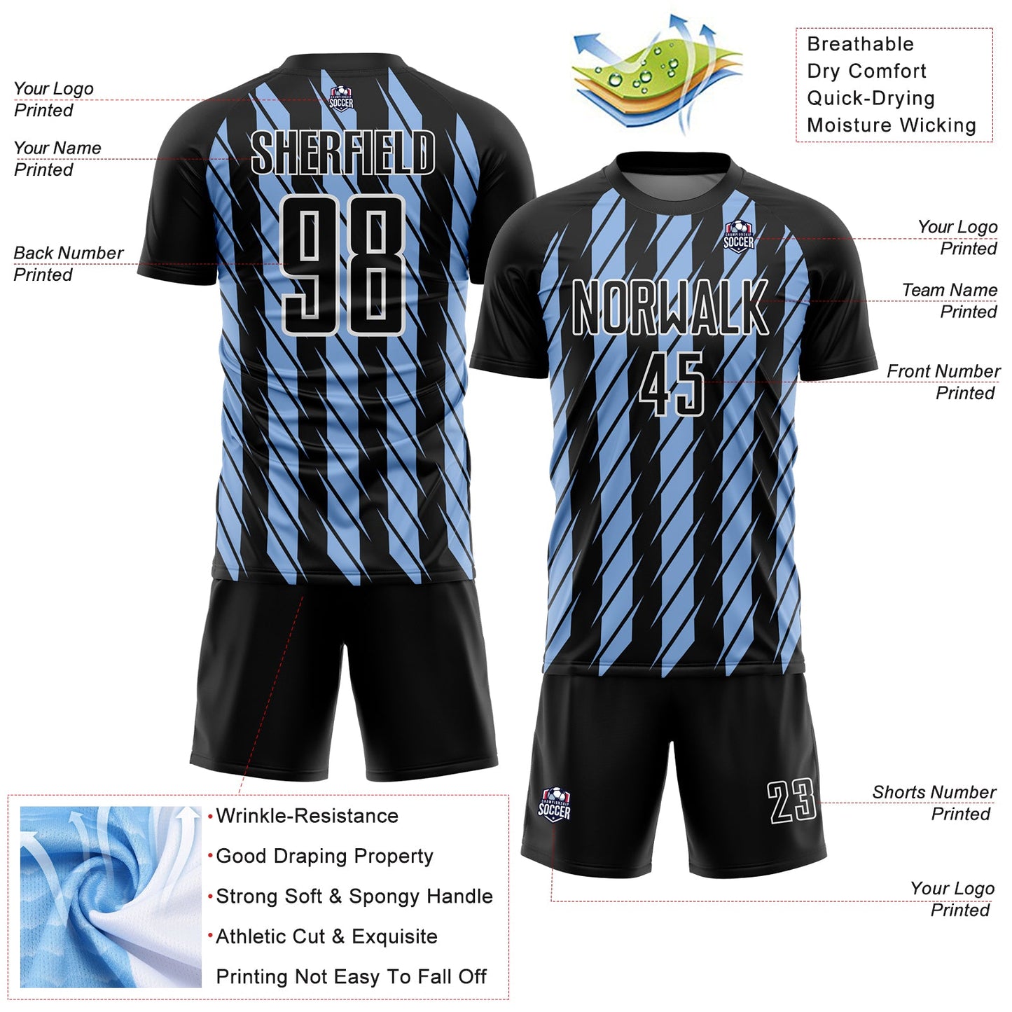Custom Black Light Blue-White Stripe Line Sublimation Soccer Uniform Jersey - Sky-Custom