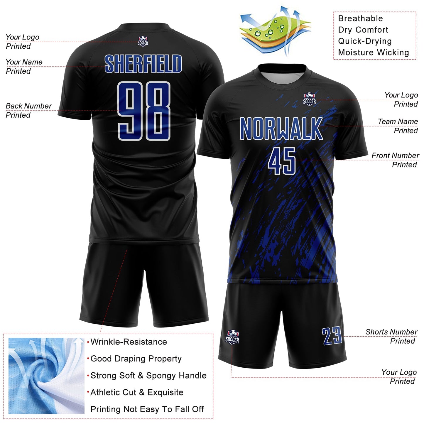 Custom Black Royal-White Splash Sublimation Soccer Uniform Jersey - Sky-Custom