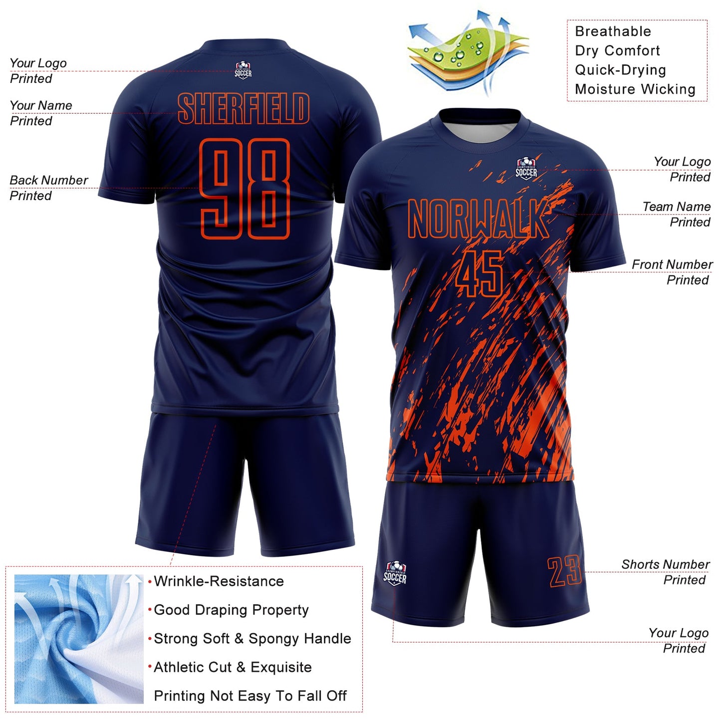 Custom Navy Orange Splash Sublimation Soccer Uniform Jersey - Sky-Custom