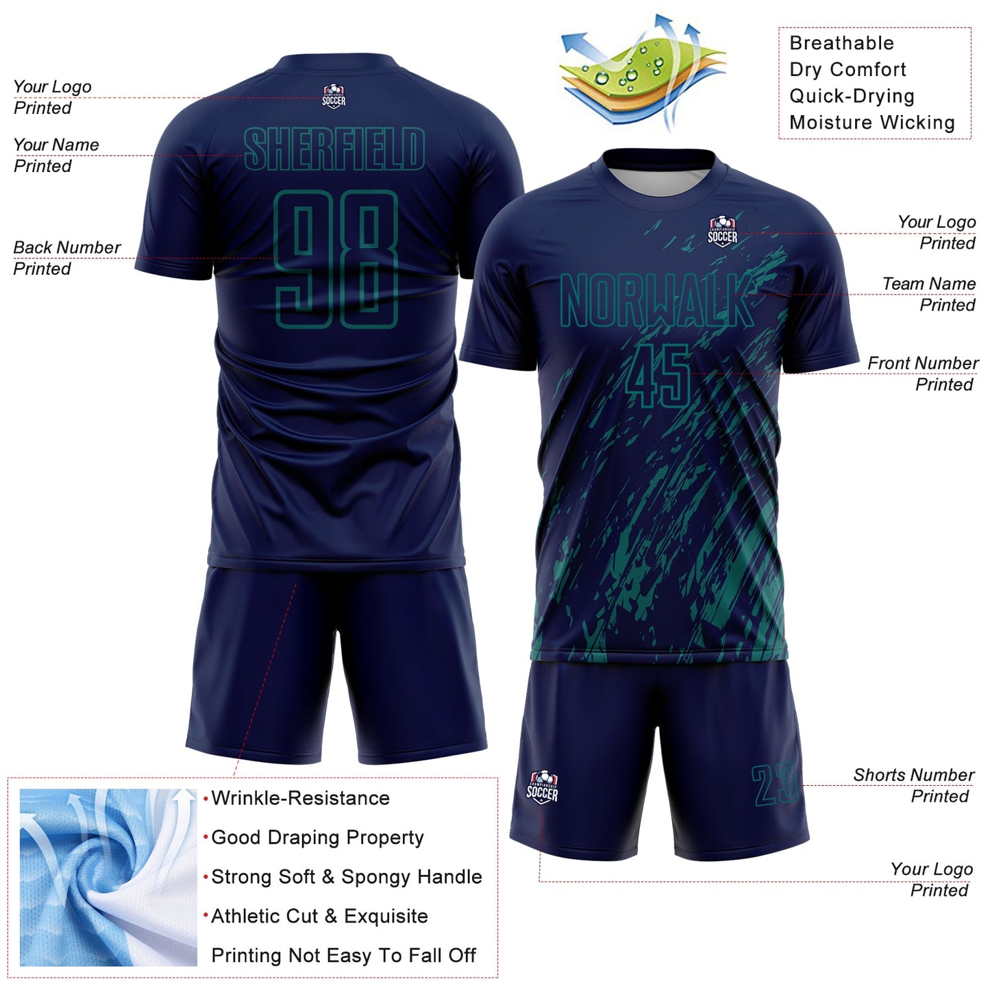 Custom Navy Teal Splash Sublimation Soccer Uniform Jersey - Sky-Custom