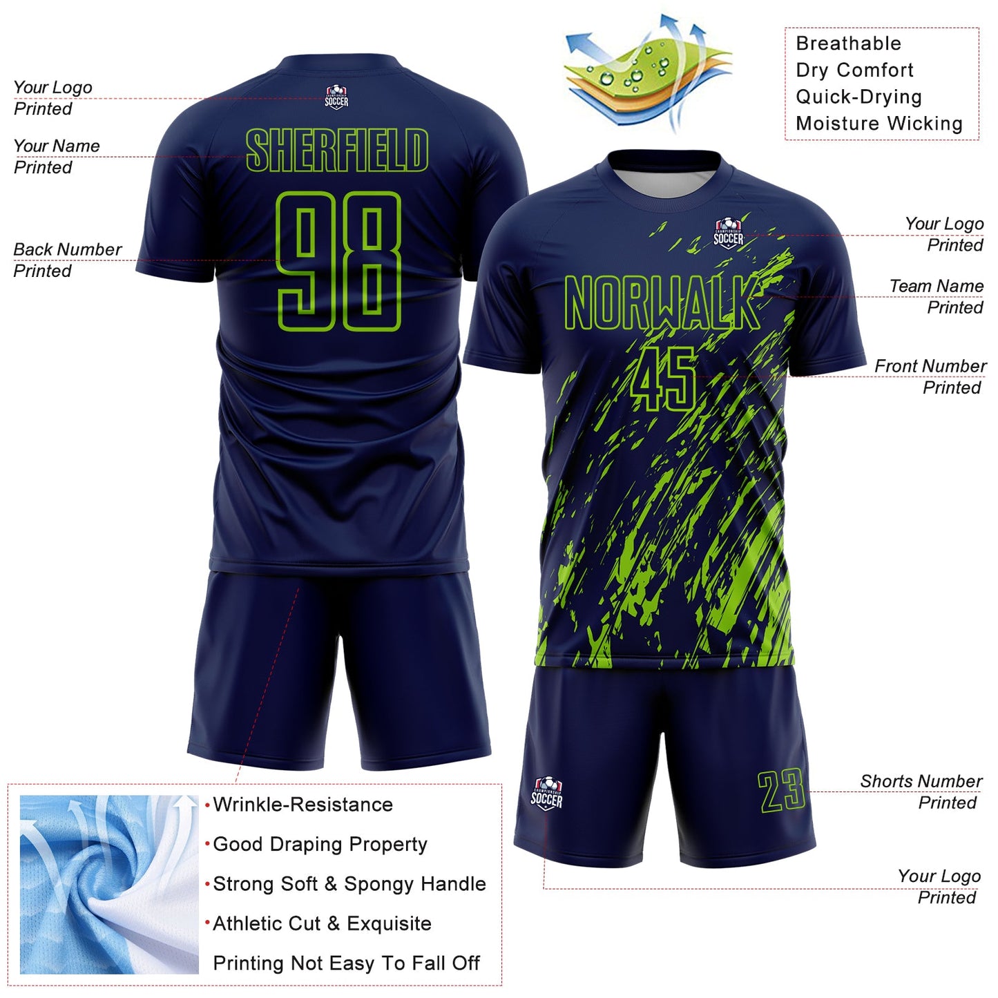 Custom Navy Neon Green Splash Sublimation Soccer Uniform Jersey - Sky-Custom