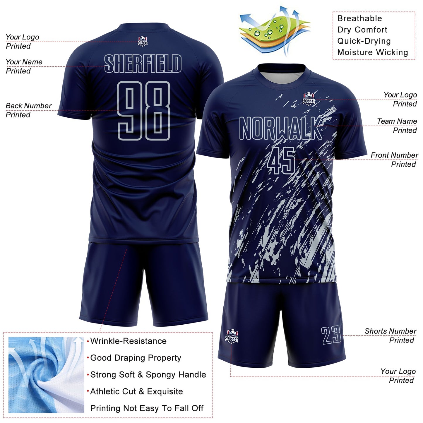 Custom Navy Silver Splash Sublimation Soccer Uniform Jersey - Sky-Custom