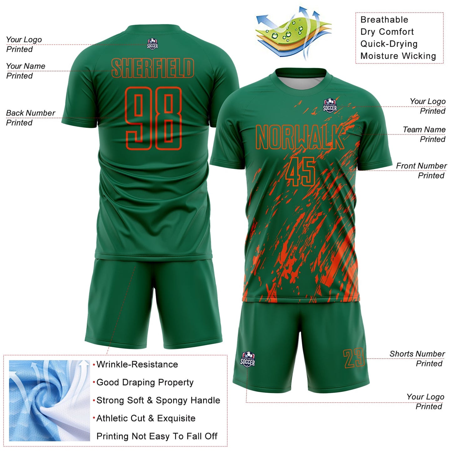 Custom Kelly Green Orange Splash Sublimation Soccer Uniform Jersey - Sky-Custom