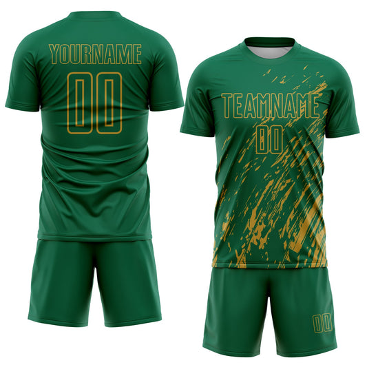Custom Kelly Green Old Gold Splash Sublimation Soccer Uniform Jersey - Sky-Custom