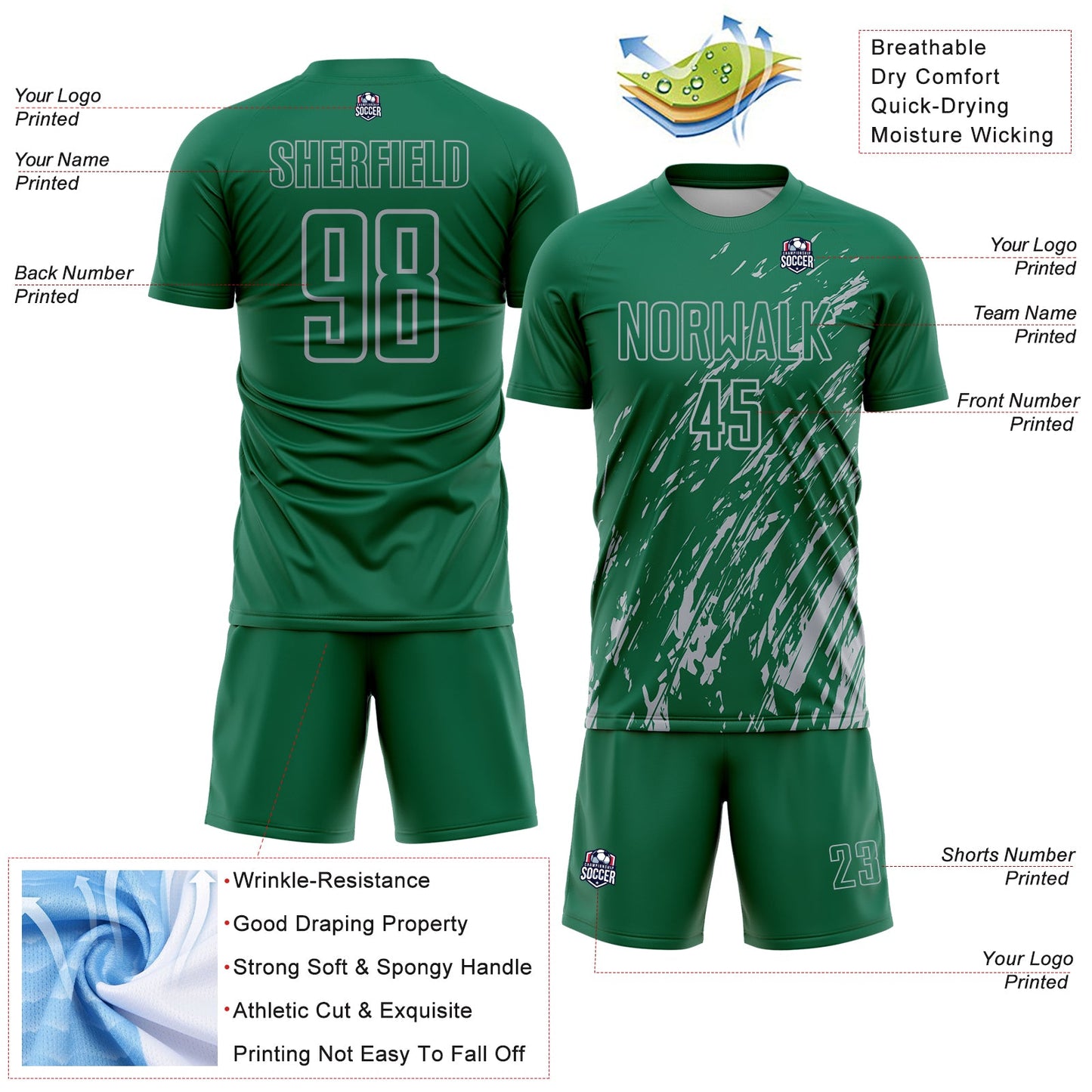 Custom Kelly Green Gray Splash Sublimation Soccer Uniform Jersey - Sky-Custom