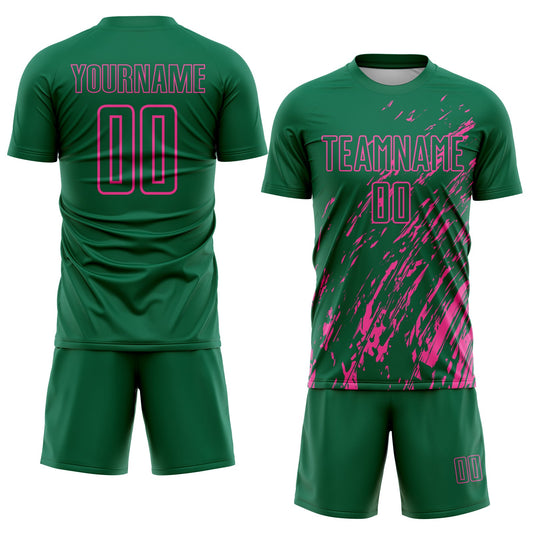Custom Kelly Green Pink Splash Sublimation Soccer Uniform Jersey - Sky-Custom
