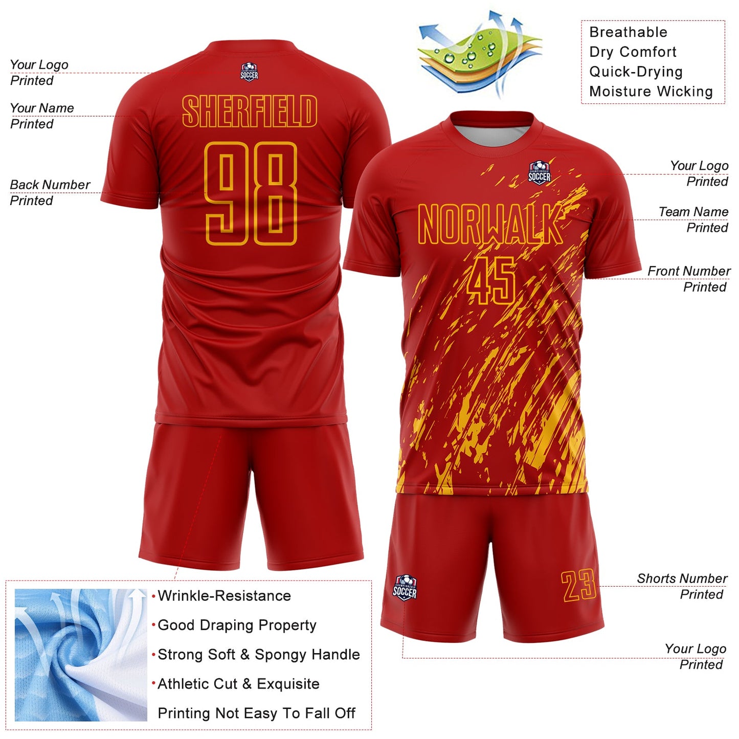 Custom Red Gold Splash Sublimation Soccer Uniform Jersey - Sky-Custom