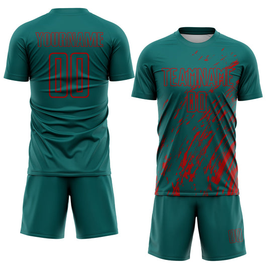 Custom Teal Red Splash Sublimation Soccer Uniform Jersey - Sky-Custom