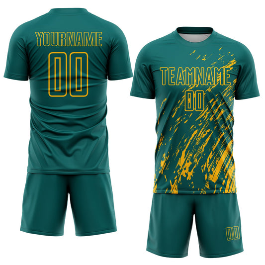 Custom Teal Gold Splash Sublimation Soccer Uniform Jersey - Sky-Custom