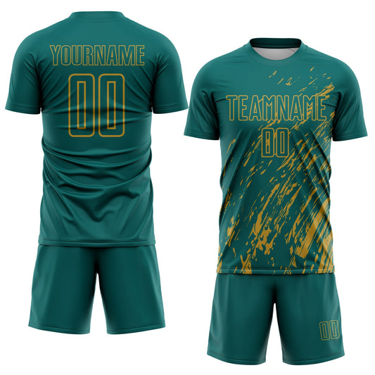 Custom Teal Old Gold Splash Sublimation Soccer Uniform Jersey - Sky-Custom
