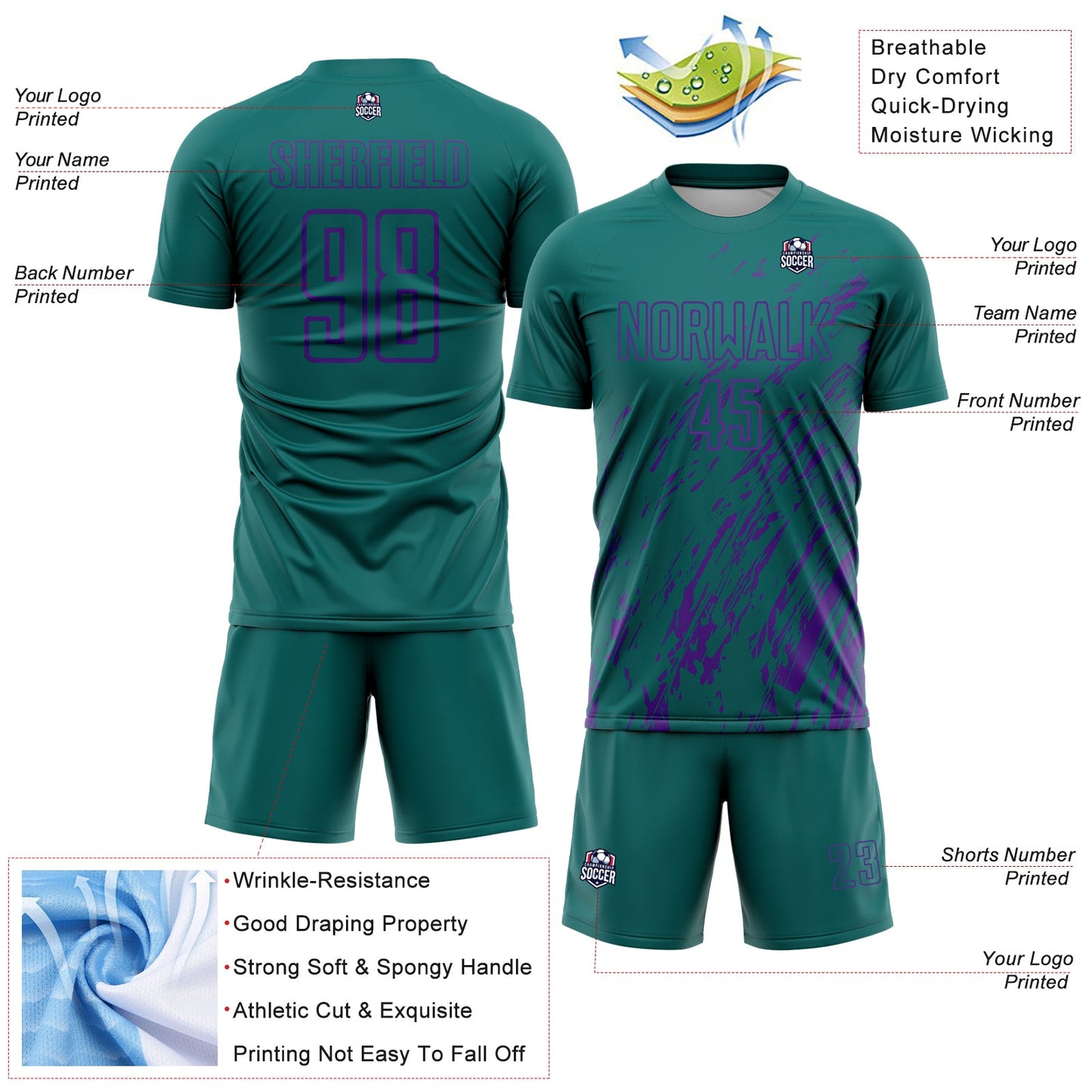 Custom Teal Purple Splash Sublimation Soccer Uniform Jersey - Sky-Custom
