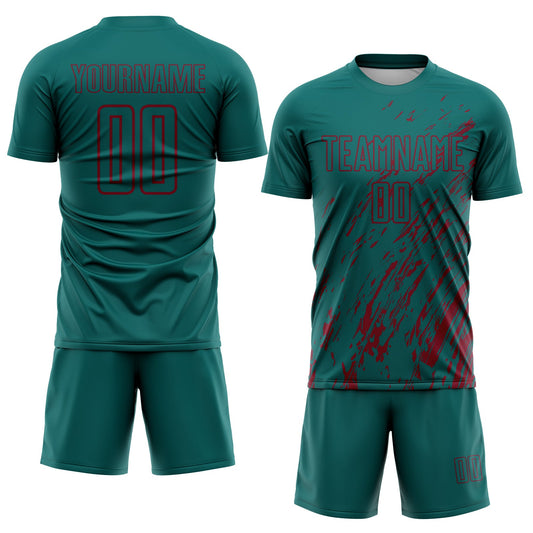 Custom Teal Crimson Splash Sublimation Soccer Uniform Jersey - Sky-Custom