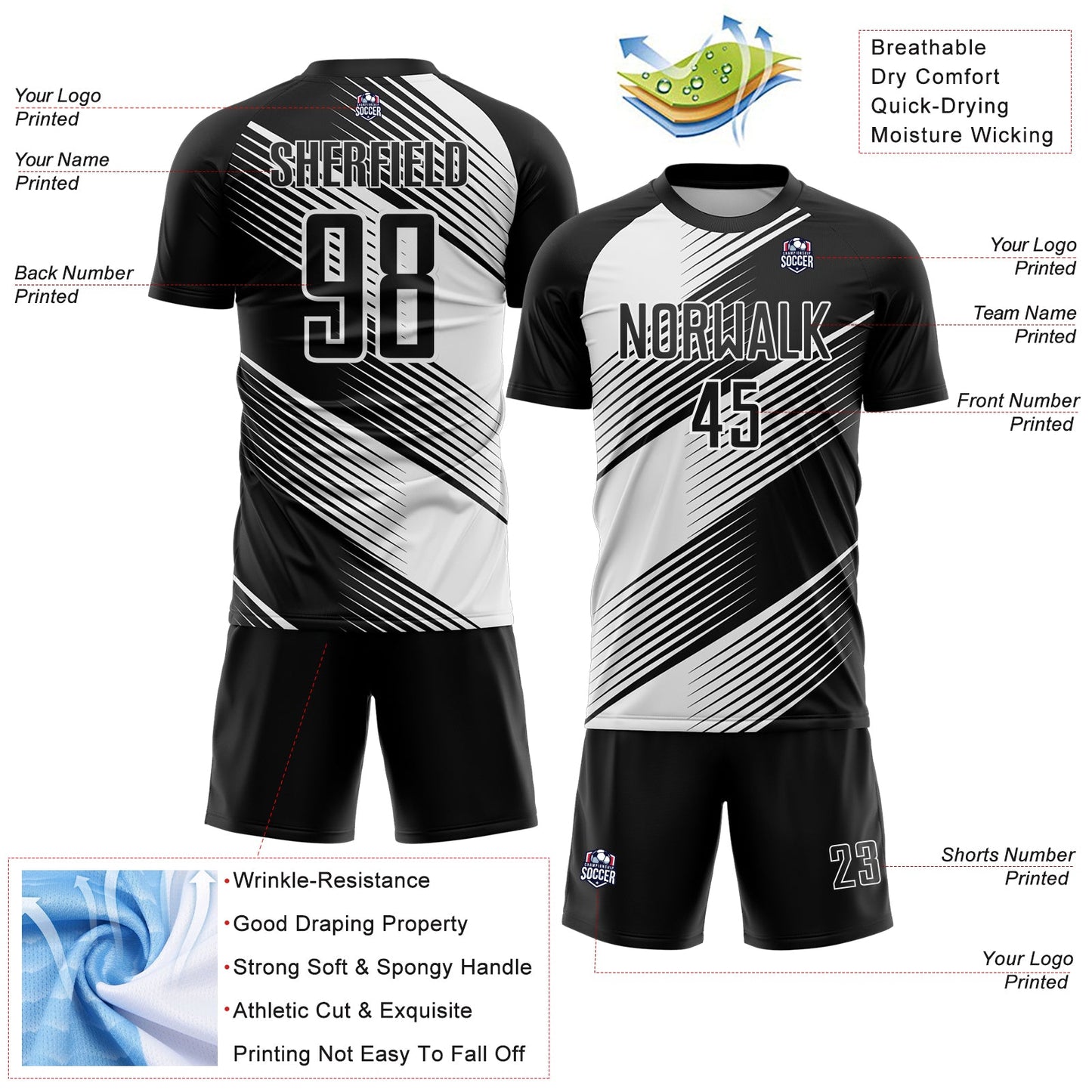 Custom Black White Line Sublimation Soccer Uniform Jersey - Sky-Custom