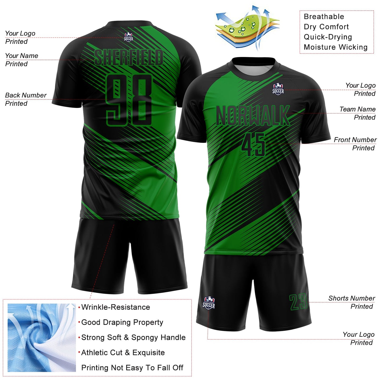 Custom Black Grass Green Line Sublimation Soccer Uniform Jersey - Sky-Custom