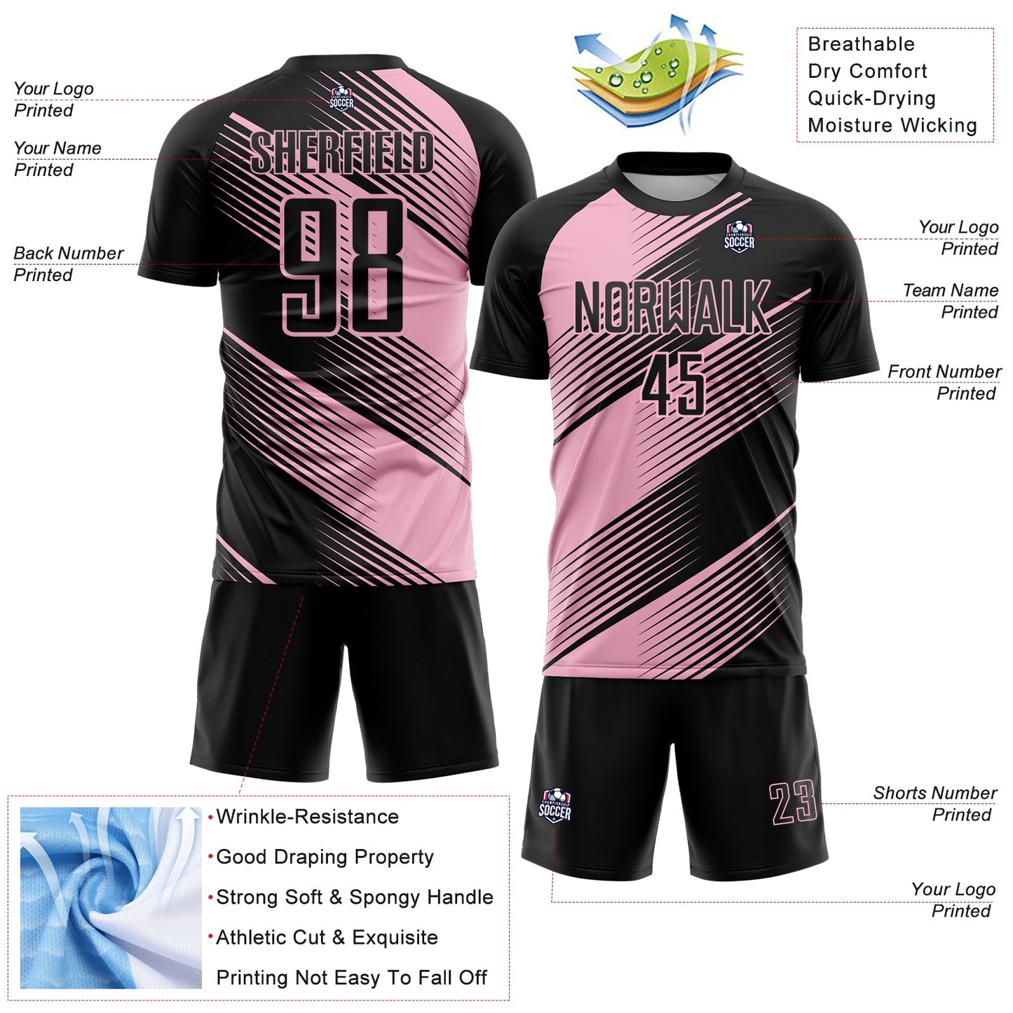 Custom Black Light Pink Line Sublimation Soccer Uniform Jersey - Sky-Custom