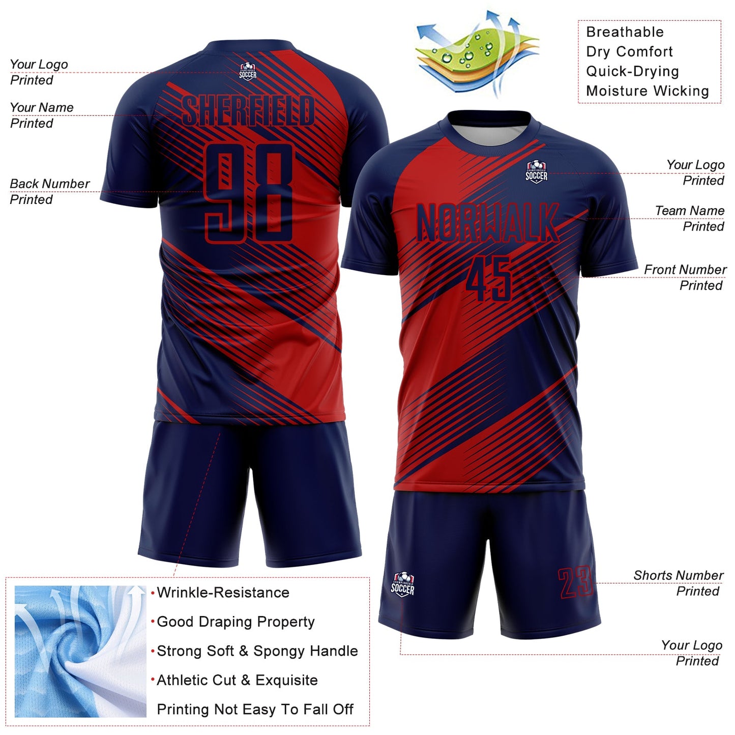 Custom Navy Red Line Sublimation Soccer Uniform Jersey - Sky-Custom