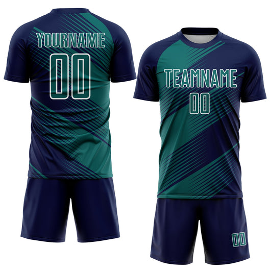Custom Navy Teal-White Line Sublimation Soccer Uniform Jersey - Sky-Custom