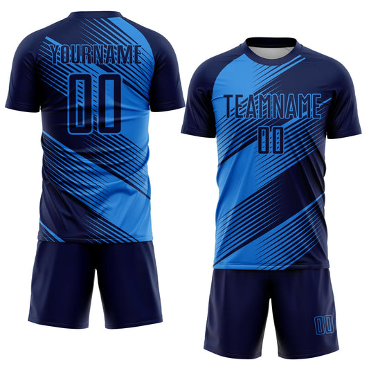 Custom Navy Powder Blue Line Sublimation Soccer Uniform Jersey - Sky-Custom