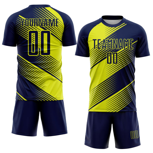 Custom Navy Neon Yellow Line Sublimation Soccer Uniform Jersey - Sky-Custom