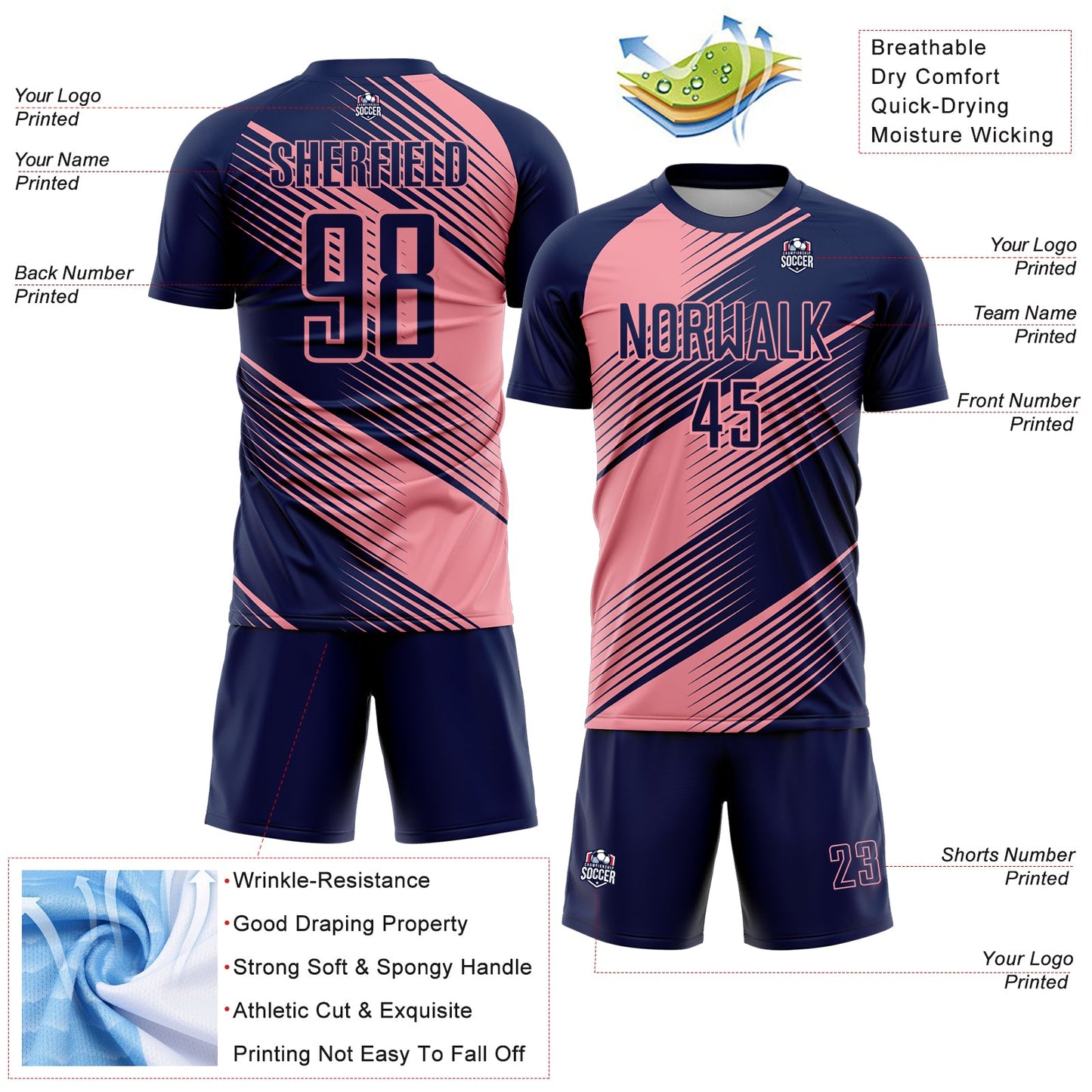 Custom Navy Medium Pink Line Sublimation Soccer Uniform Jersey - Sky-Custom