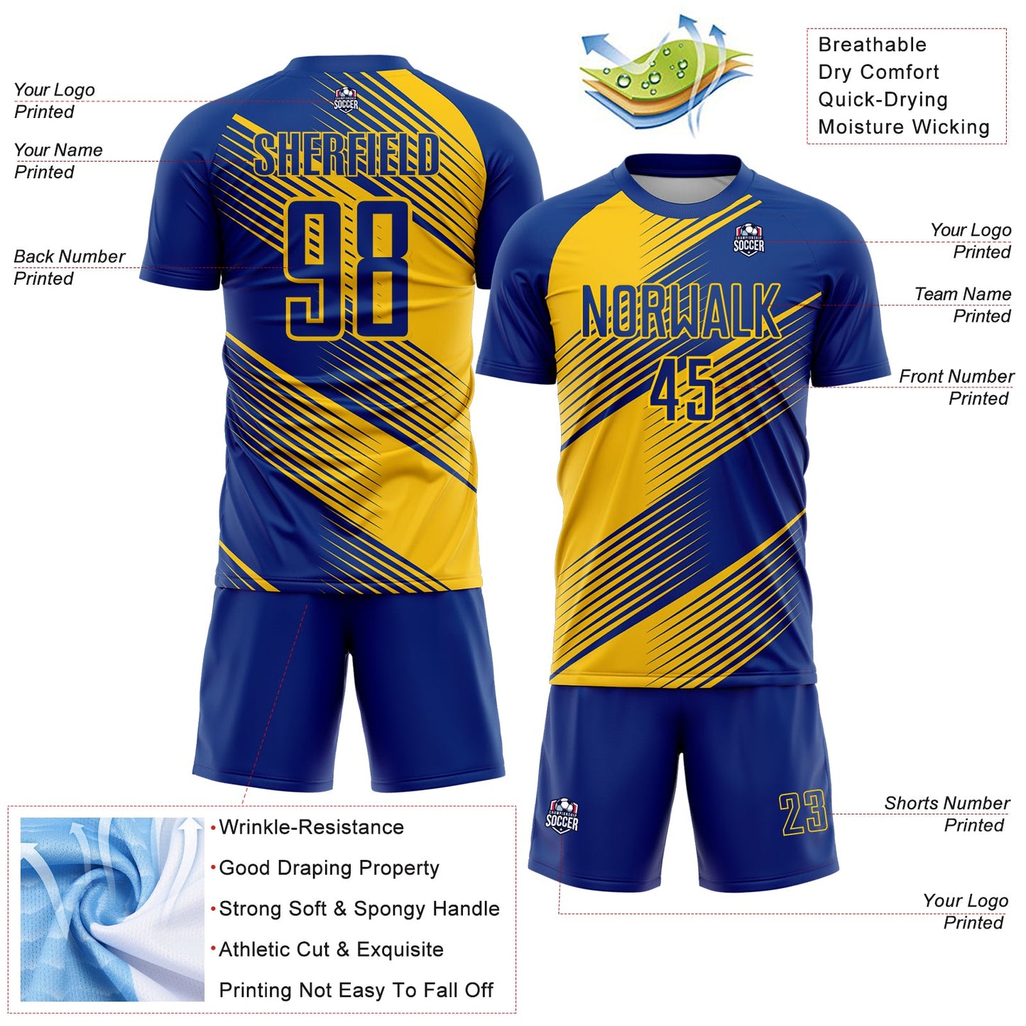 Custom Royal Yellow Line Sublimation Soccer Uniform Jersey - Sky-Custom