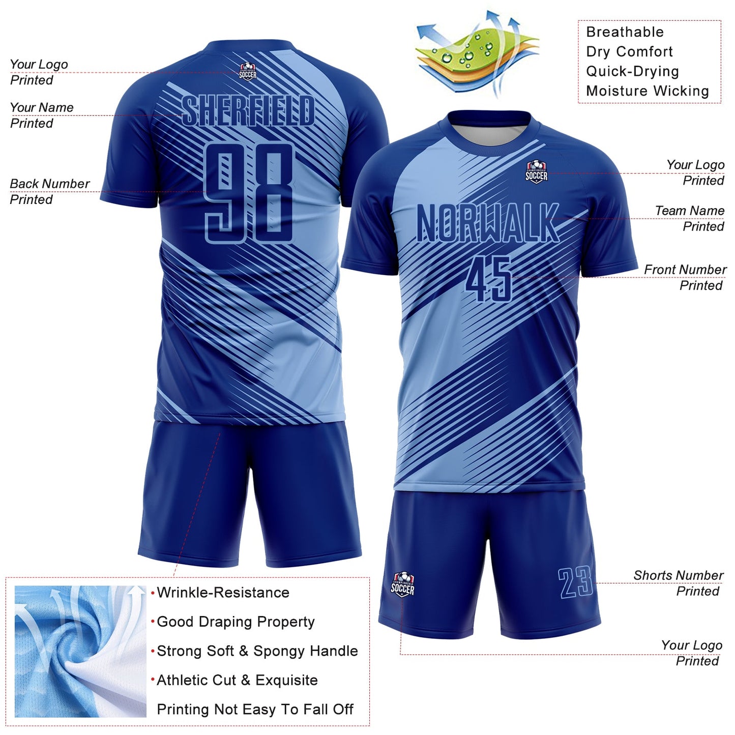 Custom Royal Light Blue Line Sublimation Soccer Uniform Jersey - Sky-Custom