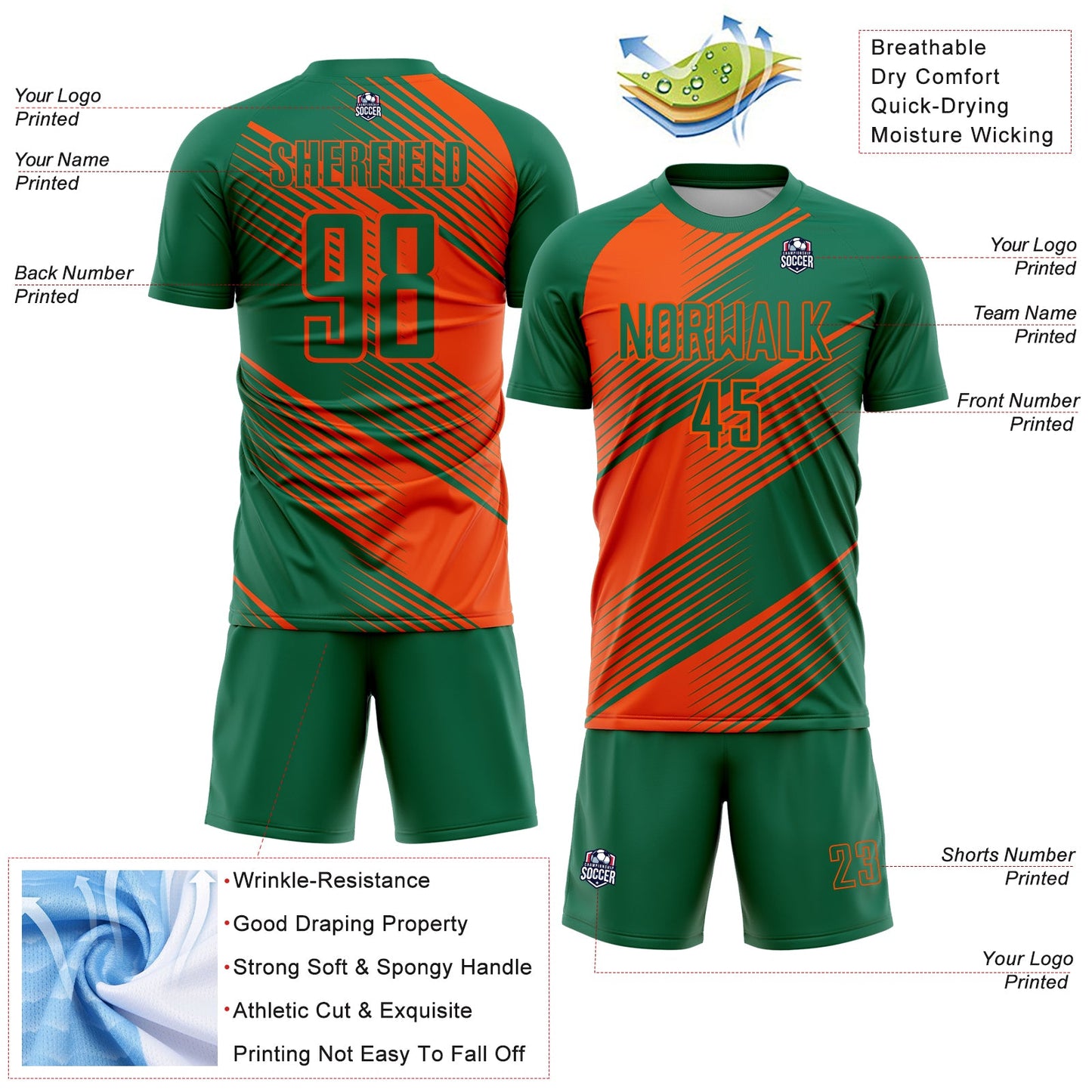 Custom Kelly Green Orange Line Sublimation Soccer Uniform Jersey - Sky-Custom