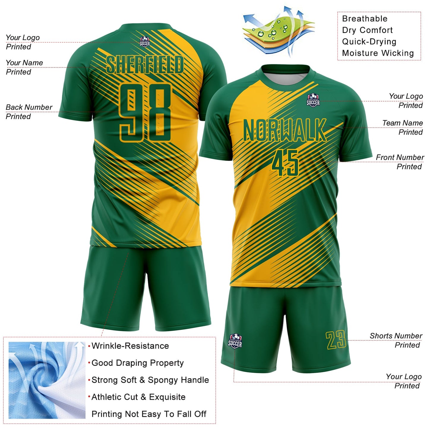 Custom Kelly Green Gold Line Sublimation Soccer Uniform Jersey - Sky-Custom