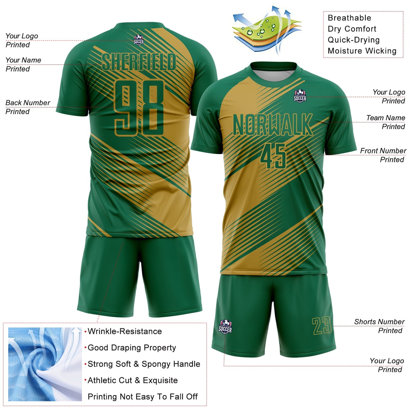 Custom Kelly Green Old Gold Line Sublimation Soccer Uniform Jersey - Sky-Custom