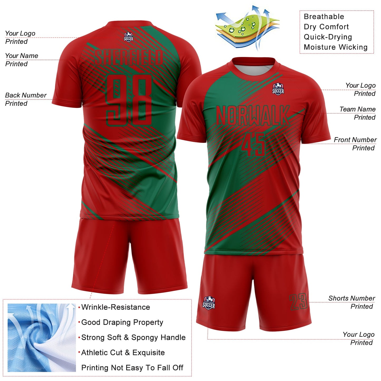 Custom Red Kelly Green Line Sublimation Soccer Uniform Jersey - Sky-Custom