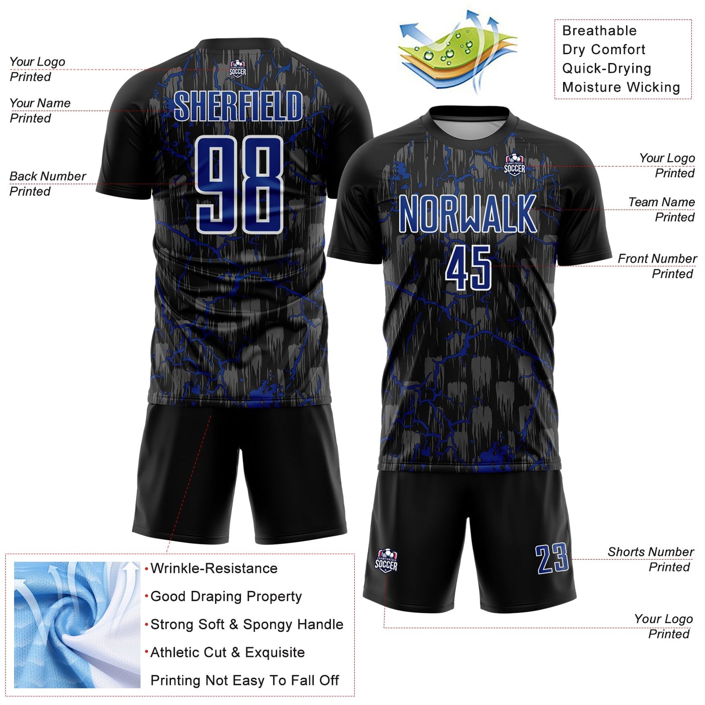 Custom Black Royal-White Lightning Sublimation Soccer Uniform Jersey - Sky-Custom