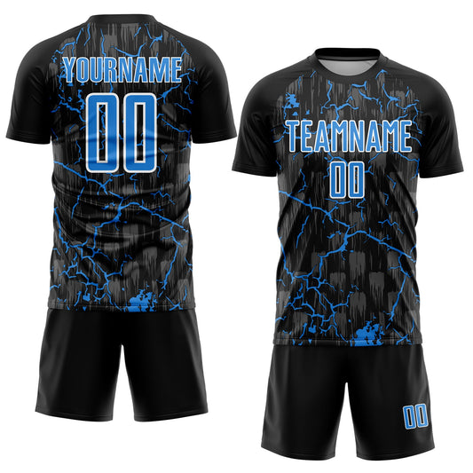 Custom Black Powder Blue-White Lightning Sublimation Soccer Uniform Jersey - Sky-Custom