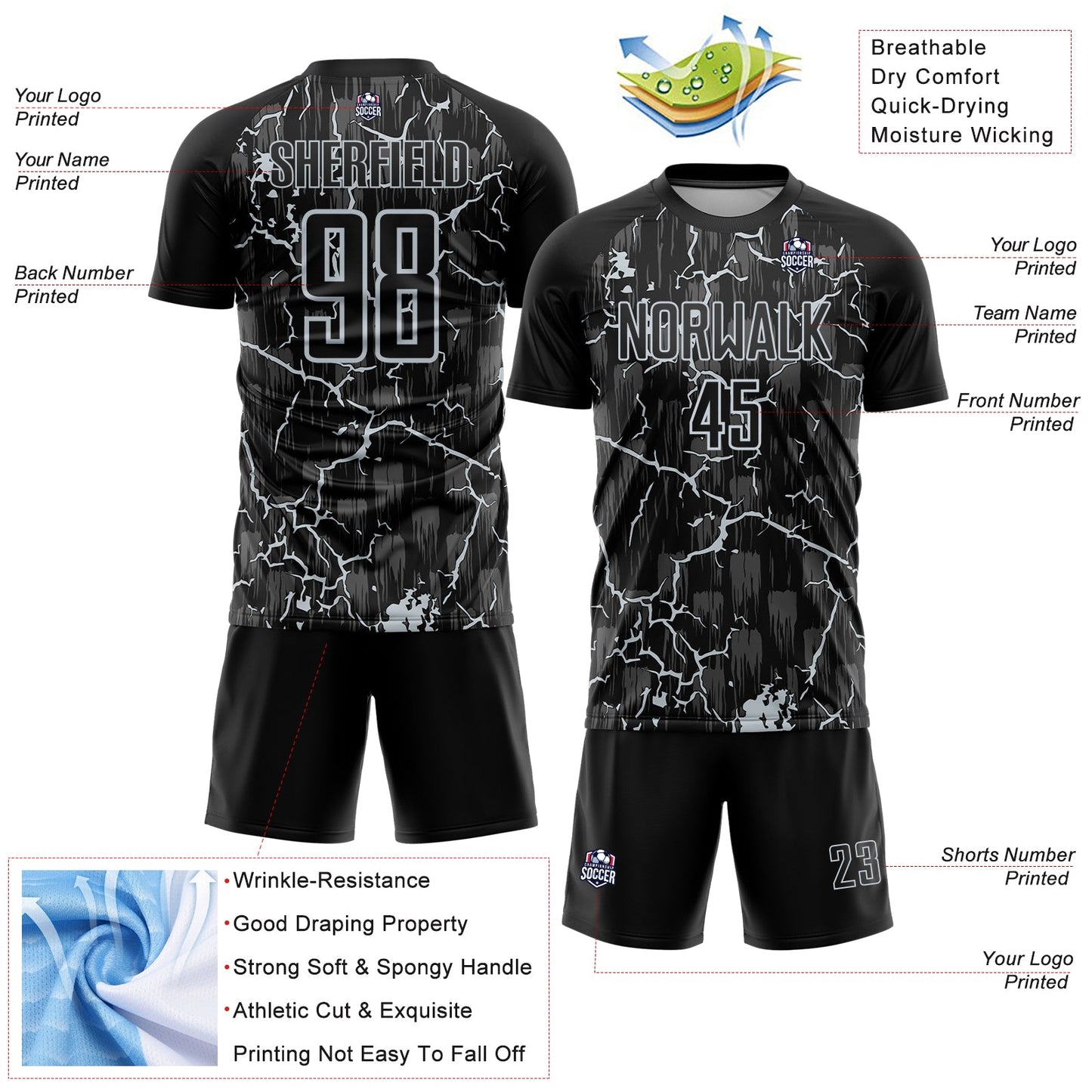 Custom Black Silver Lightning Sublimation Soccer Uniform Jersey - Sky-Custom