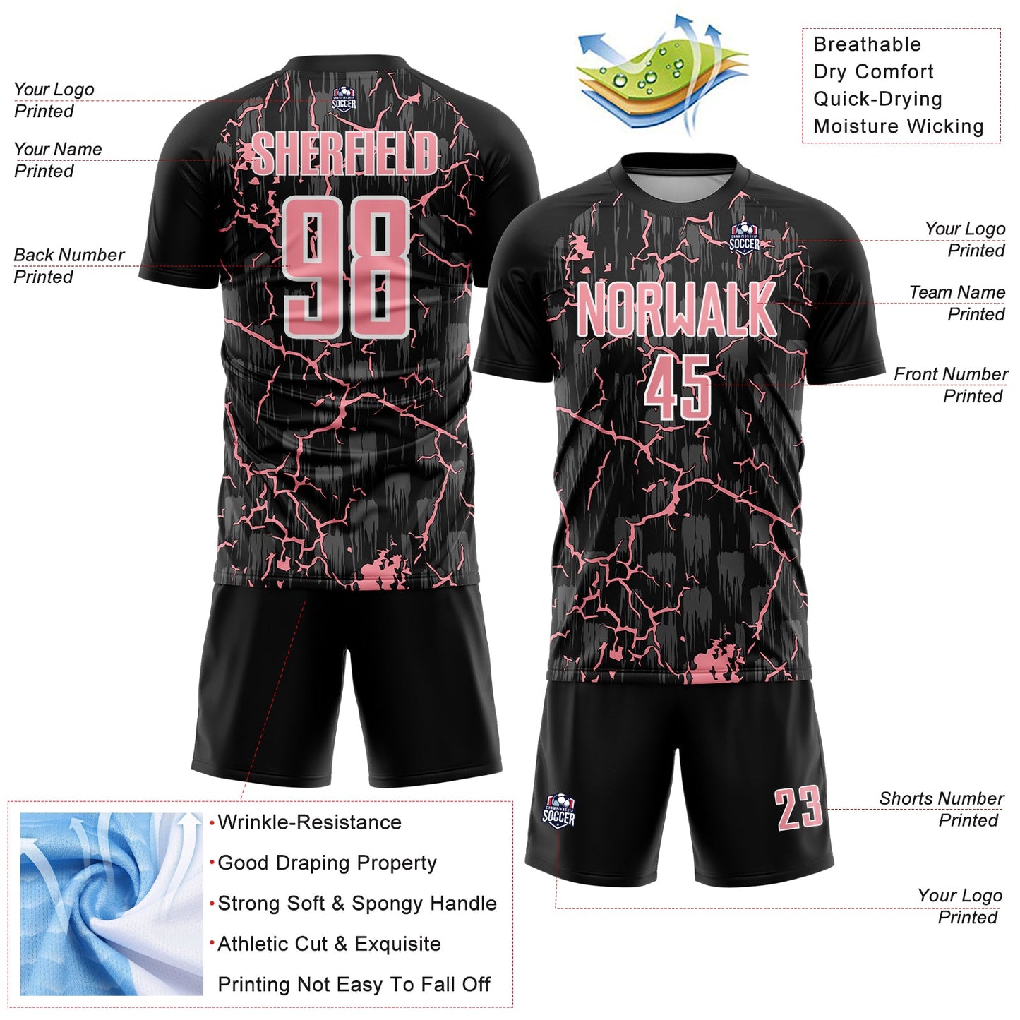 Custom Black Medium Pink-White Lightning Sublimation Soccer Uniform Jersey - Sky-Custom