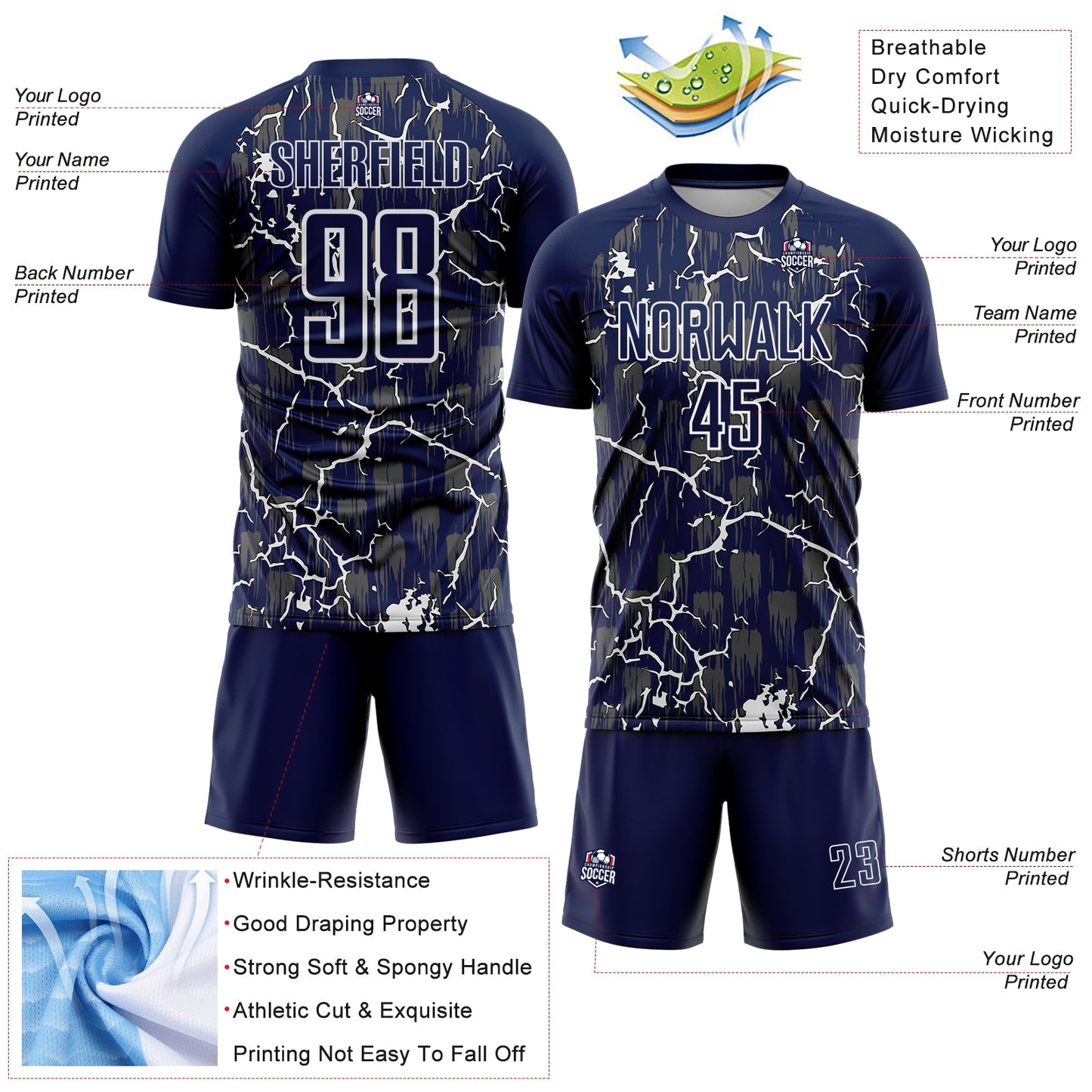Custom Navy White Lightning Sublimation Soccer Uniform Jersey - Sky-Custom