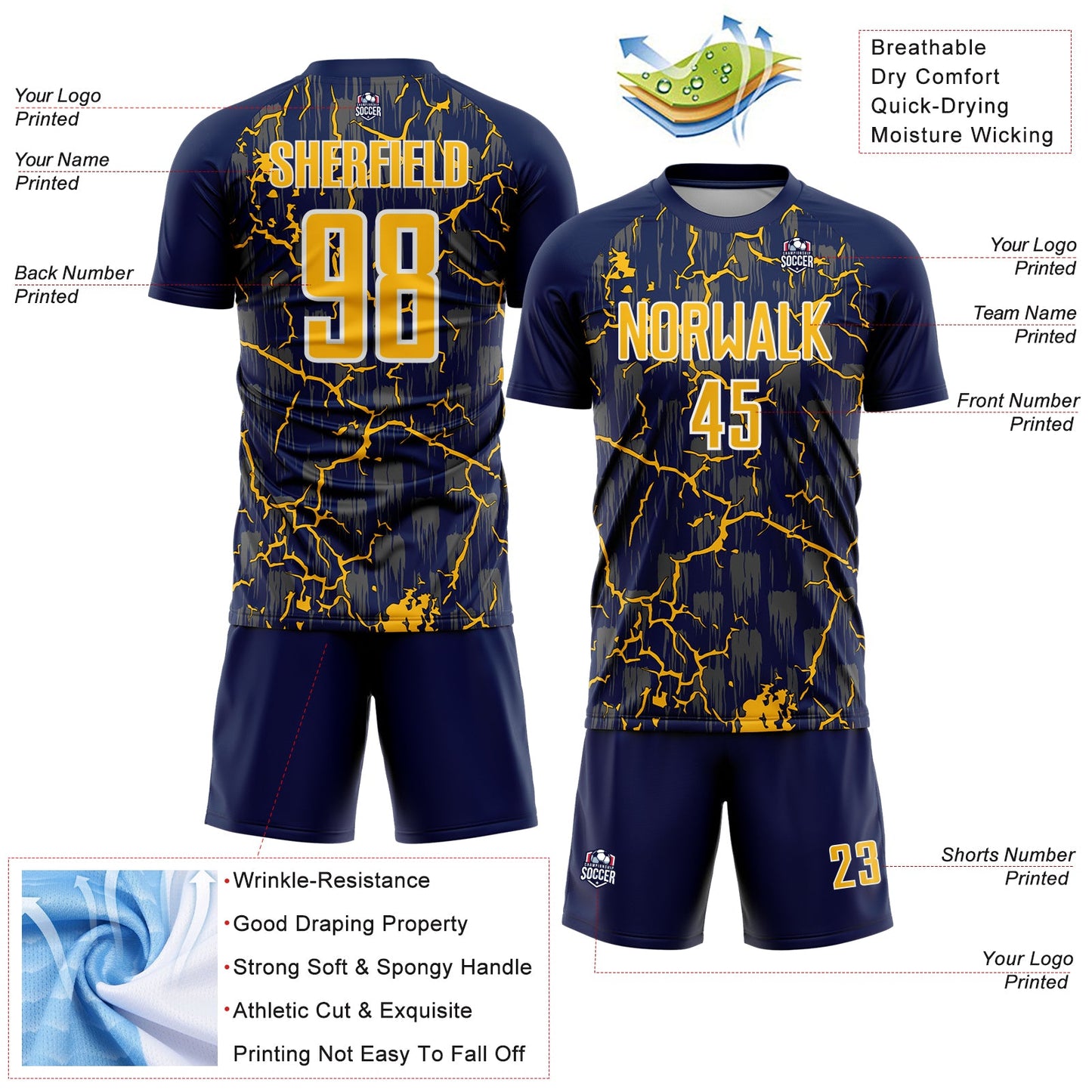 Custom Navy Gold-White Lightning Sublimation Soccer Uniform Jersey - Sky-Custom