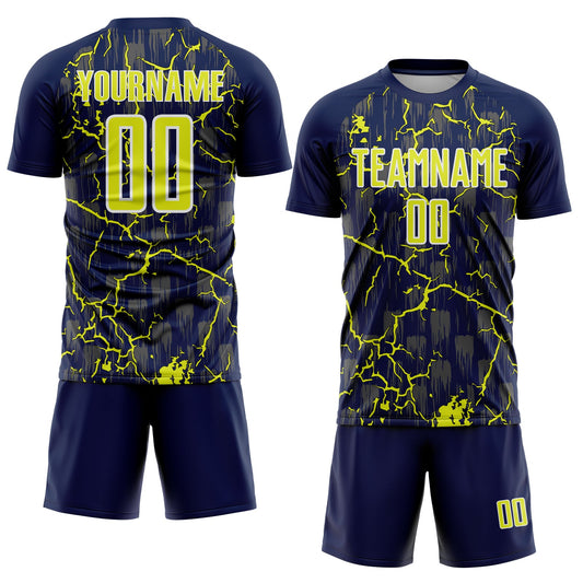 Custom Navy Neon Yellow-White Lightning Sublimation Soccer Uniform Jersey - Sky-Custom