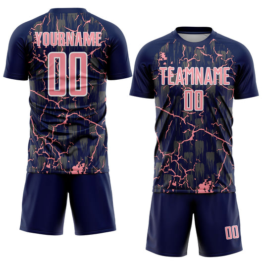 Custom Navy Medium Pink-White Lightning Sublimation Soccer Uniform Jersey - Sky-Custom