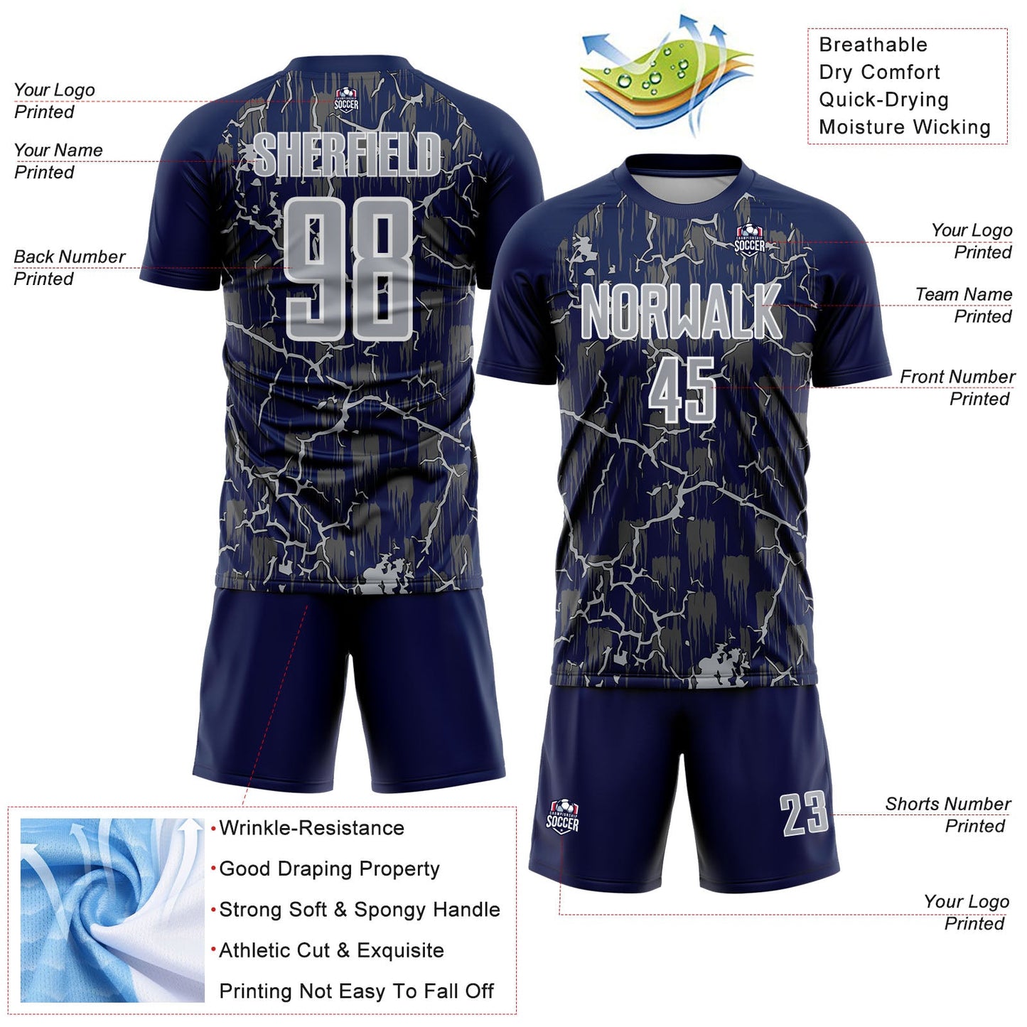 Custom Navy Gray-White Lightning Sublimation Soccer Uniform Jersey - Sky-Custom