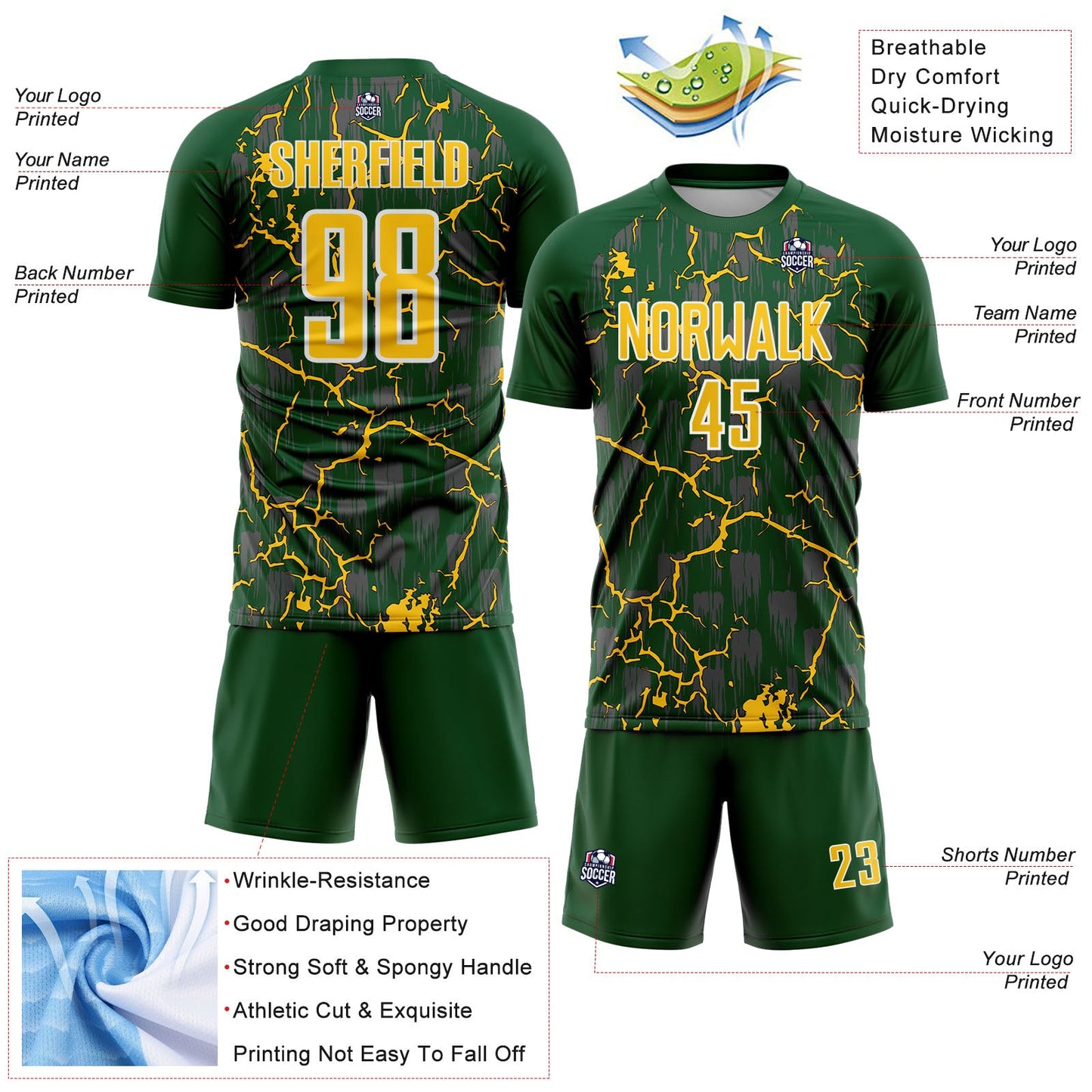 Custom Green Yellow-White Lightning Sublimation Soccer Uniform Jersey - Sky-Custom