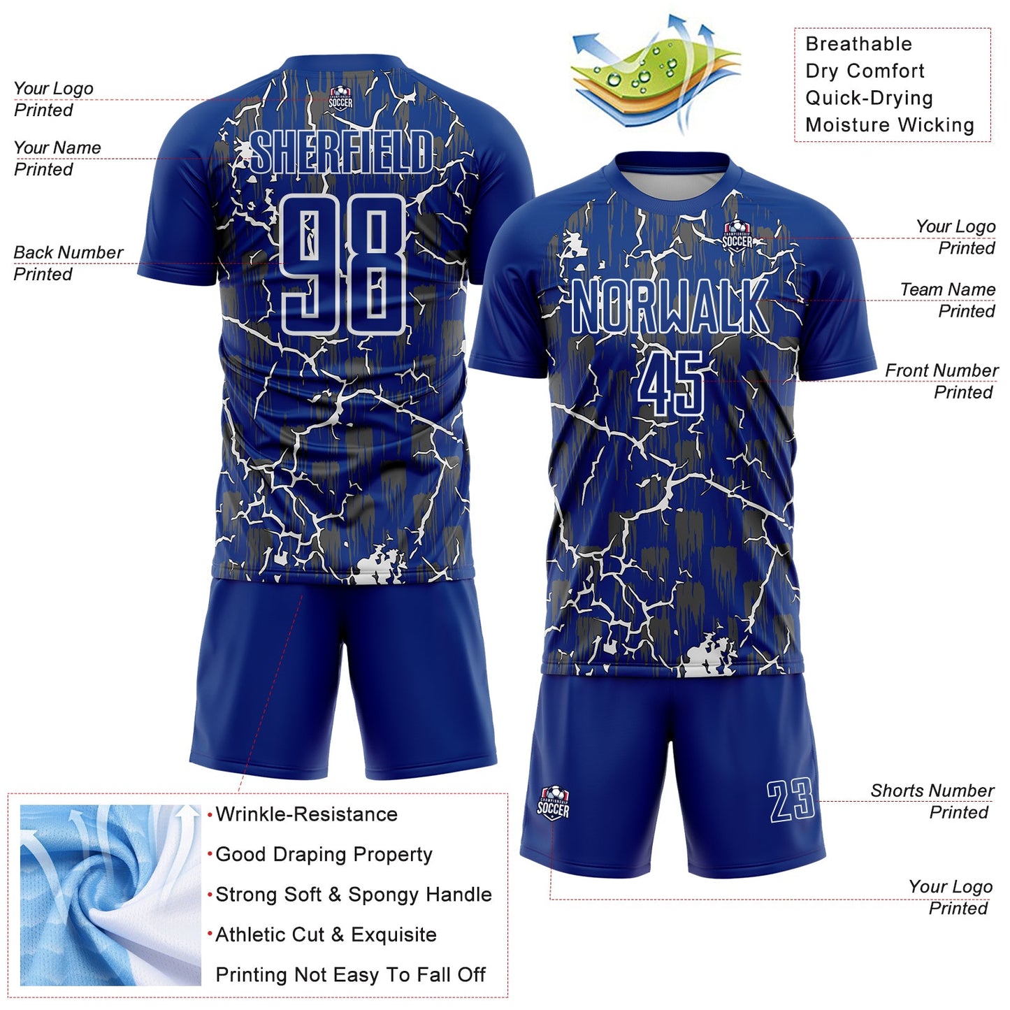 Custom Royal White Lightning Sublimation Soccer Uniform Jersey - Sky-Custom