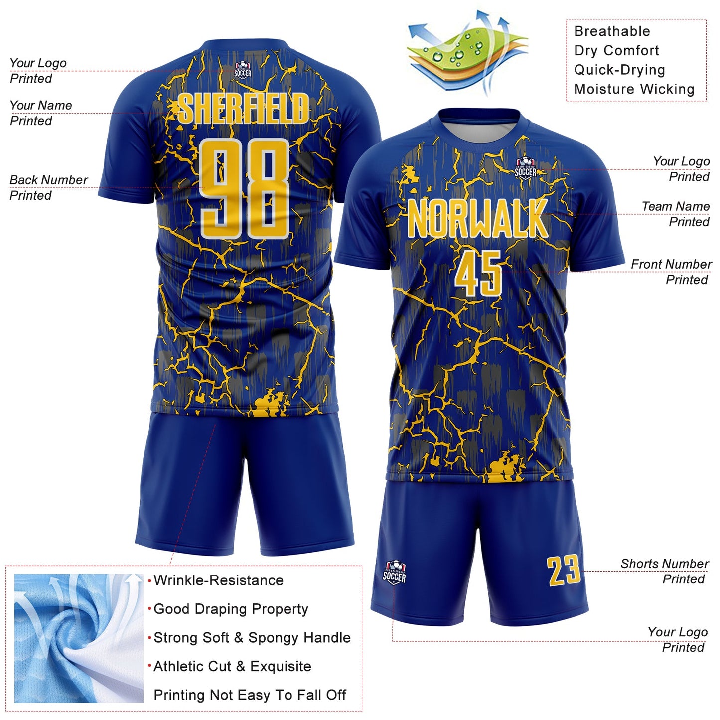Custom Royal Yellow-White Lightning Sublimation Soccer Uniform Jersey - Sky-Custom