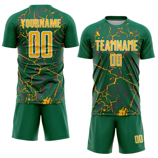 Custom Kelly Green Gold-White Lightning Sublimation Soccer Uniform Jersey - Sky-Custom