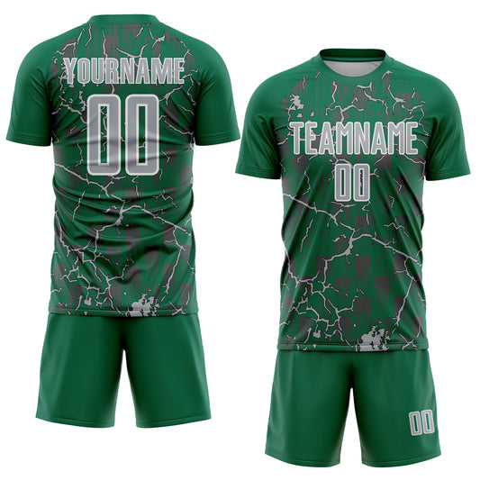 Custom Kelly Green Gray-White Lightning Sublimation Soccer Uniform Jersey - Sky-Custom