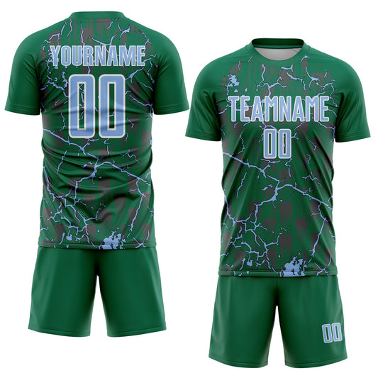 Custom Kelly Green Light Blue-White Lightning Sublimation Soccer Uniform Jersey - Sky-Custom