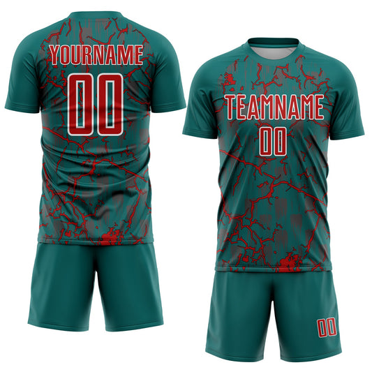 Custom Teal Red-White Lightning Sublimation Soccer Uniform Jersey - Sky-Custom