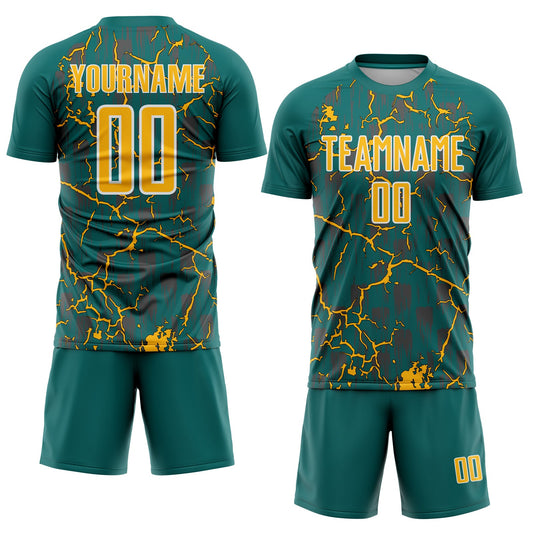 Custom Teal Gold-White Lightning Sublimation Soccer Uniform Jersey - Sky-Custom