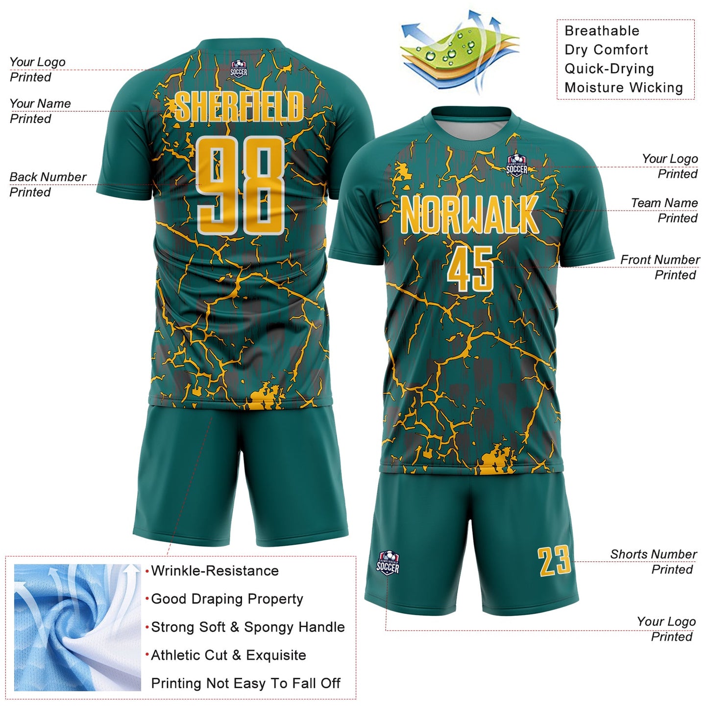 Custom Teal Gold-White Lightning Sublimation Soccer Uniform Jersey - Sky-Custom