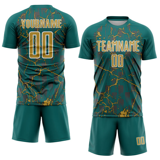 Custom Teal Old Gold-White Lightning Sublimation Soccer Uniform Jersey - Sky-Custom
