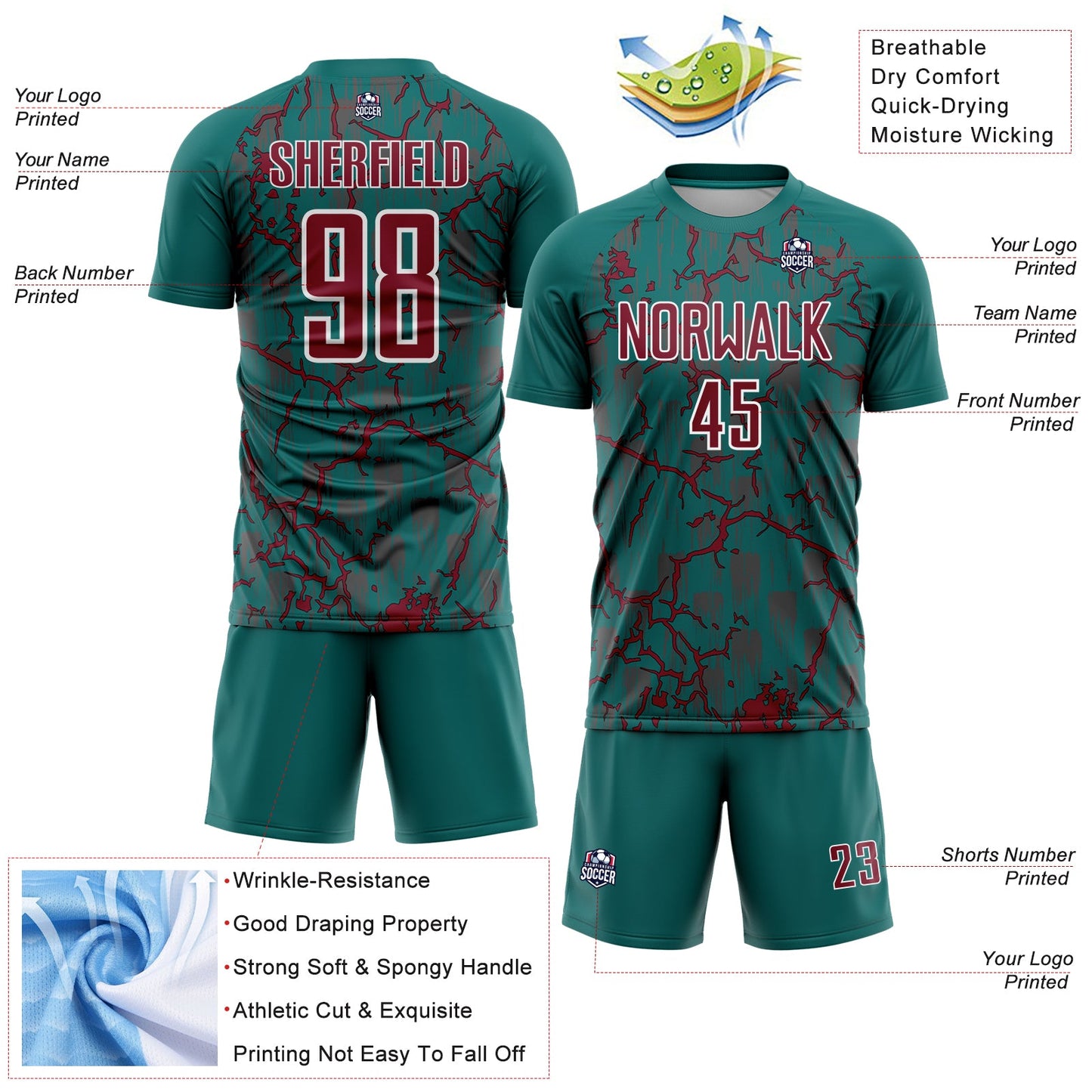 Custom Teal Crimson-White Lightning Sublimation Soccer Uniform Jersey - Sky-Custom